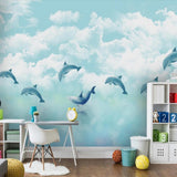 Blue dolphins in the clouds children's mural wallpaper – design detail