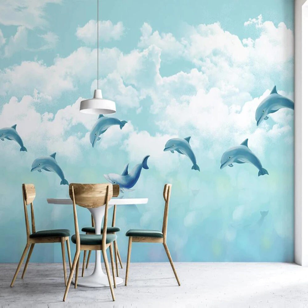 Blue dolphins in the clouds children's mural wallpaper – design detail