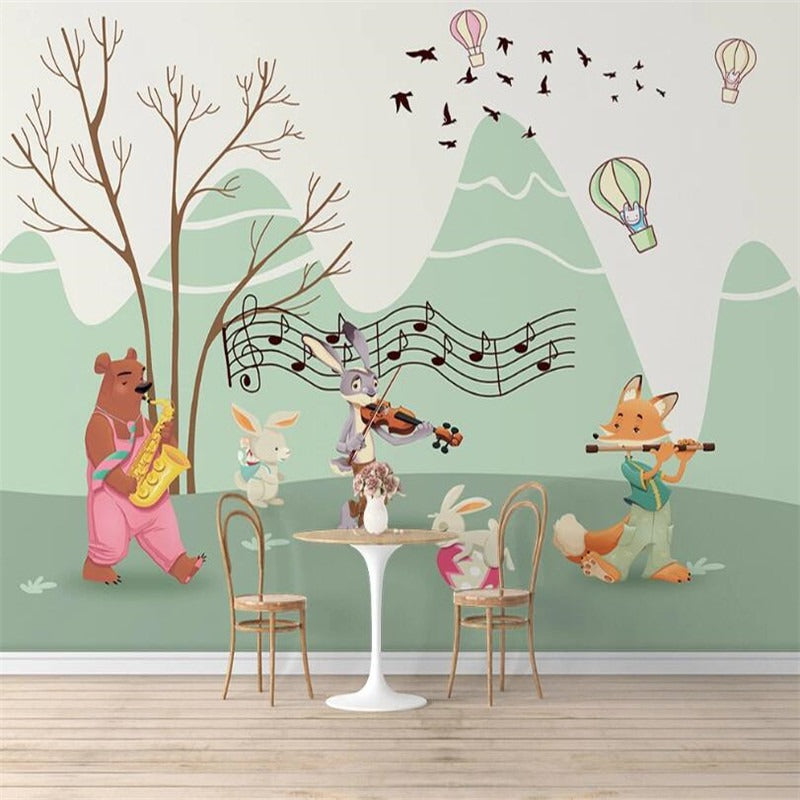 Musical forest animals mural wallpaper for a kids' room