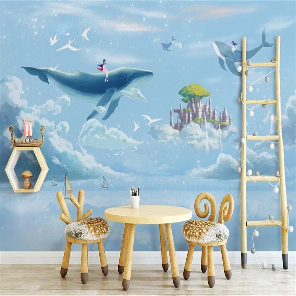 Mermaid seaworld cartoon mural wallpaper for a girls' room