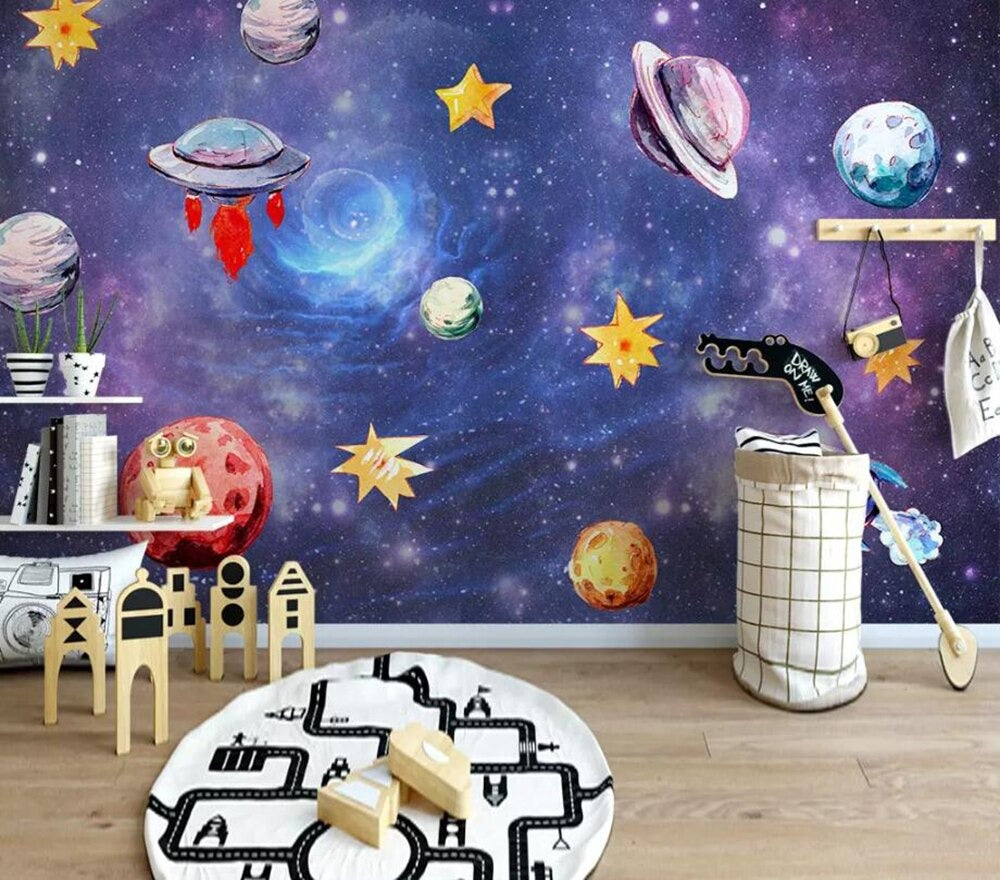 Outer galactic space and planet themed mural wallpaper for a kids' room