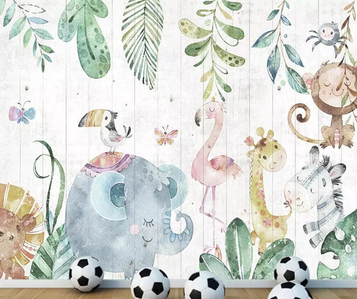 Cute zoo animals mural wallpaper for a kids' nursery – flamingo, monkey, butterfly and pelican design