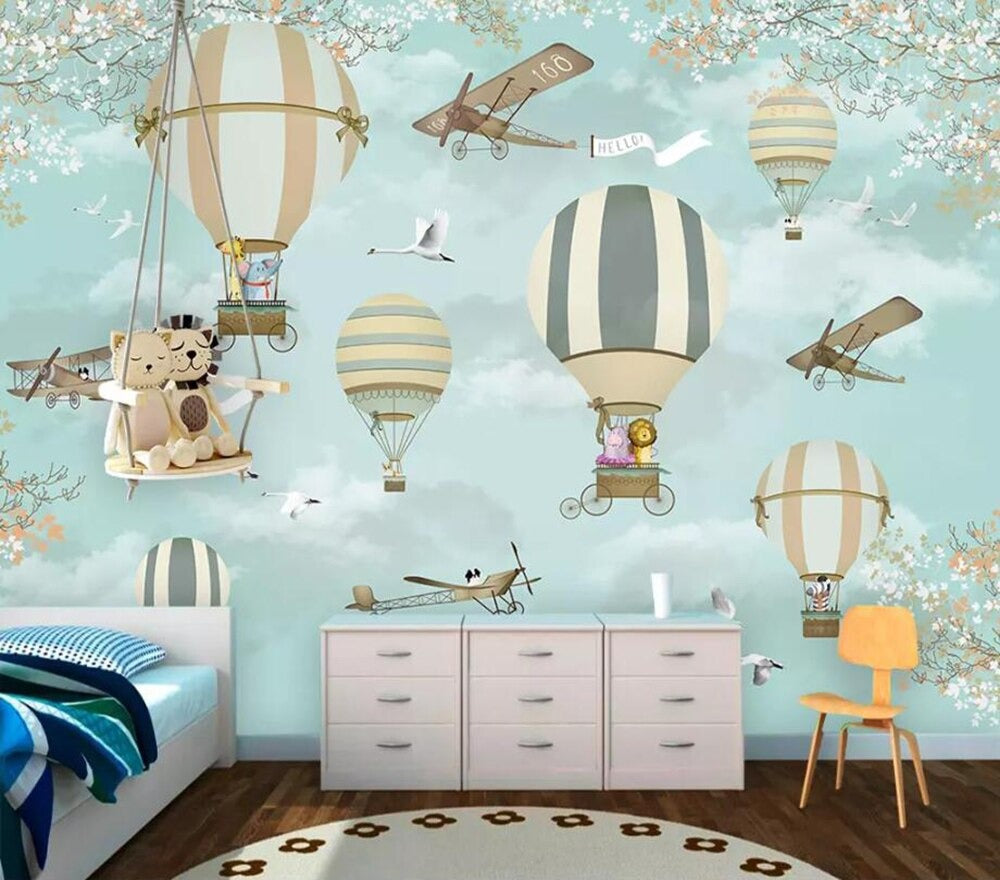 Blue cartoon plane & hot air balloon nursery mural wallpaper – design detail
