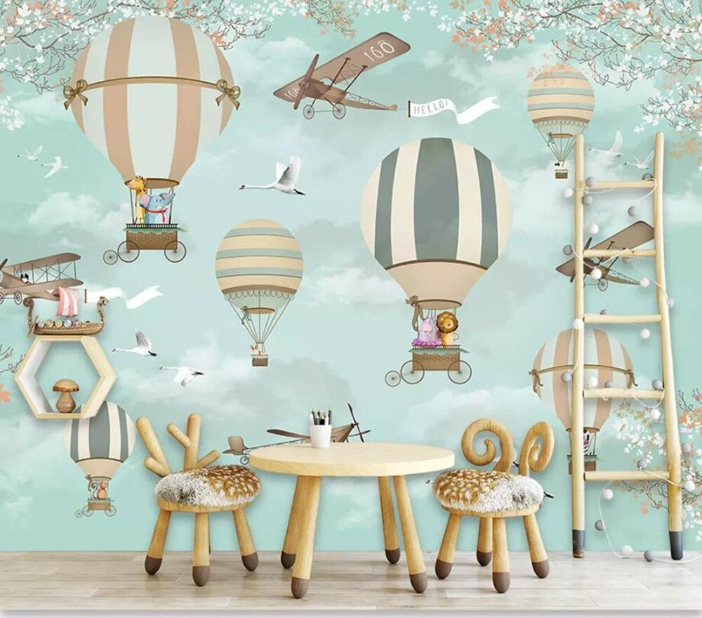 Blue cartoon plane & hot air balloon nursery mural wallpaper – design detail