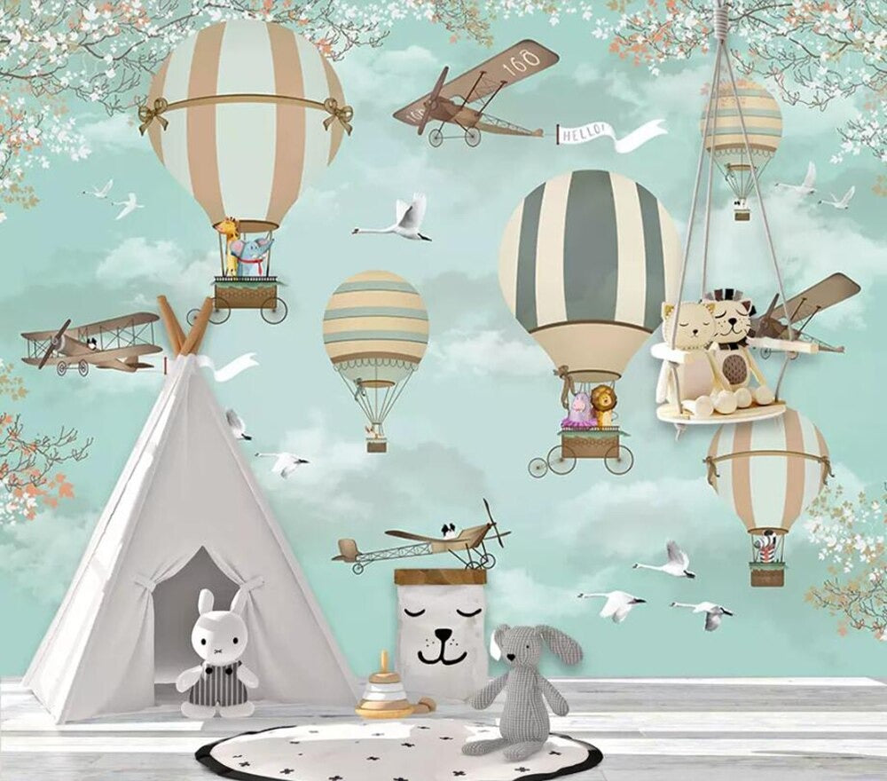 Blue cartoon plane & hot air balloon nursery mural wallpaper – design detail