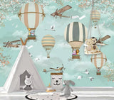 Blue cartoon plane & hot air balloon nursery mural wallpaper – design detail