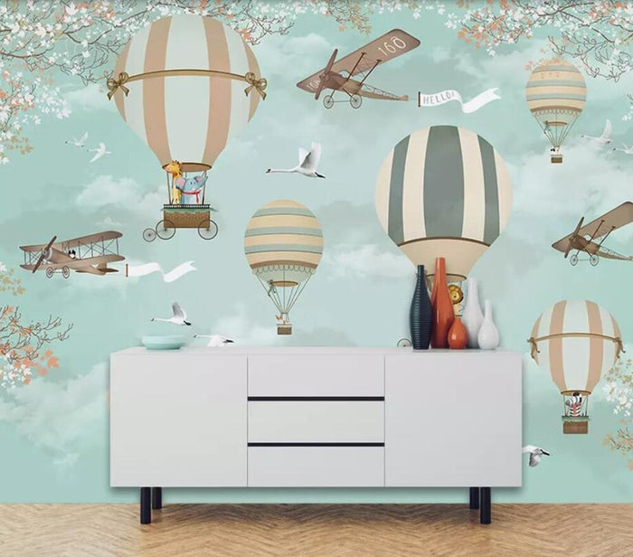 Blue cartoon plane & hot air balloon nursery mural wallpaper – design detail