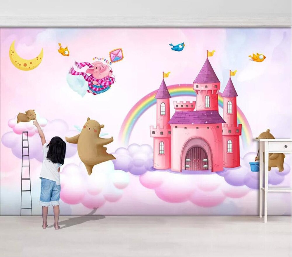 Pink rainbow princess castle girls' mural wallpaper – design detail