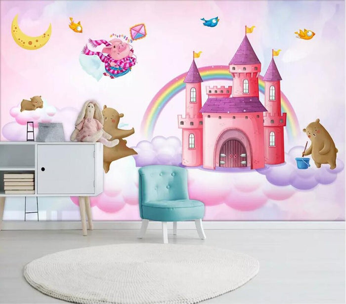 Pink rainbow princess castle girls' mural wallpaper – design detail