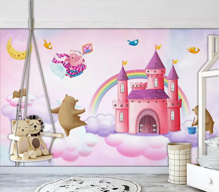 Pink rainbow princess castle mural wallpaper in a girls' bedroom – castle, flying pig and dancing bears