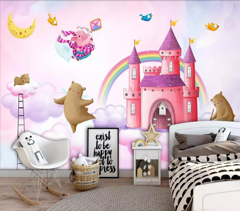 Pink rainbow princess castle girls' mural wallpaper – design detail