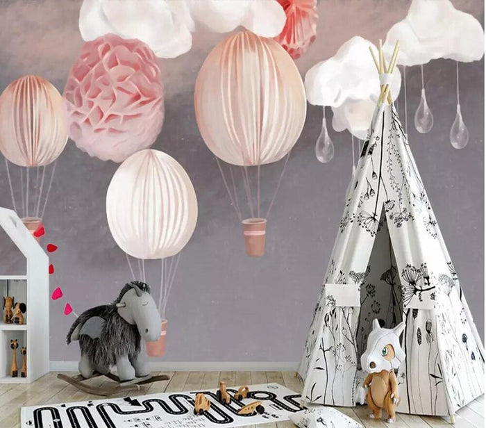 Pink and grey Nordic hot air balloon nursery mural wallpaper – design detail
