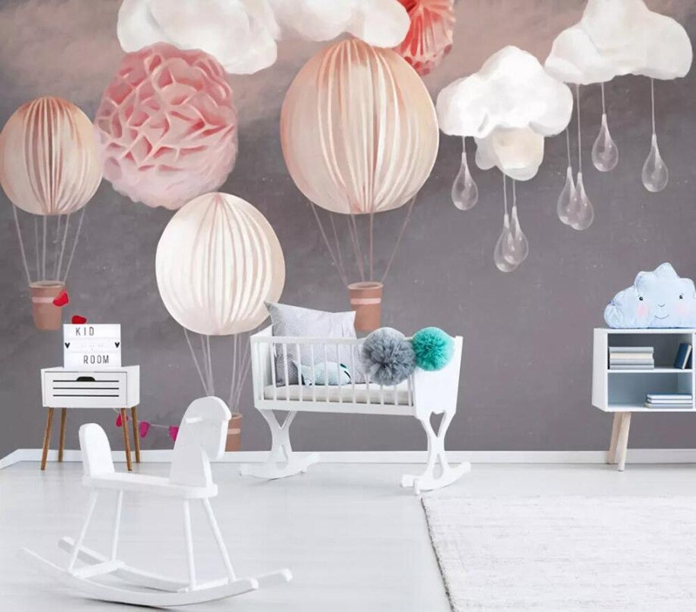 Pink and grey Nordic hot air balloon nursery mural wallpaper – design detail