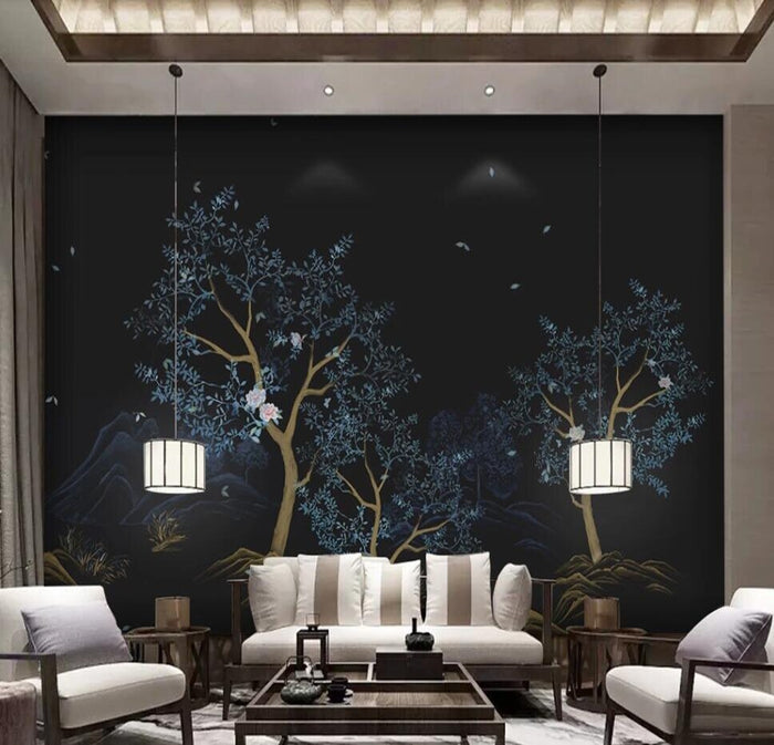 Twilight floral woodland mural wallpaper – design detail
