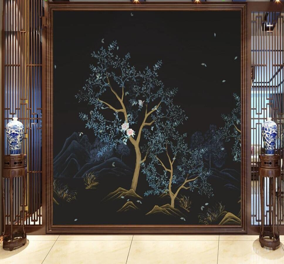 Twilight floral woodland mural wallpaper – design detail