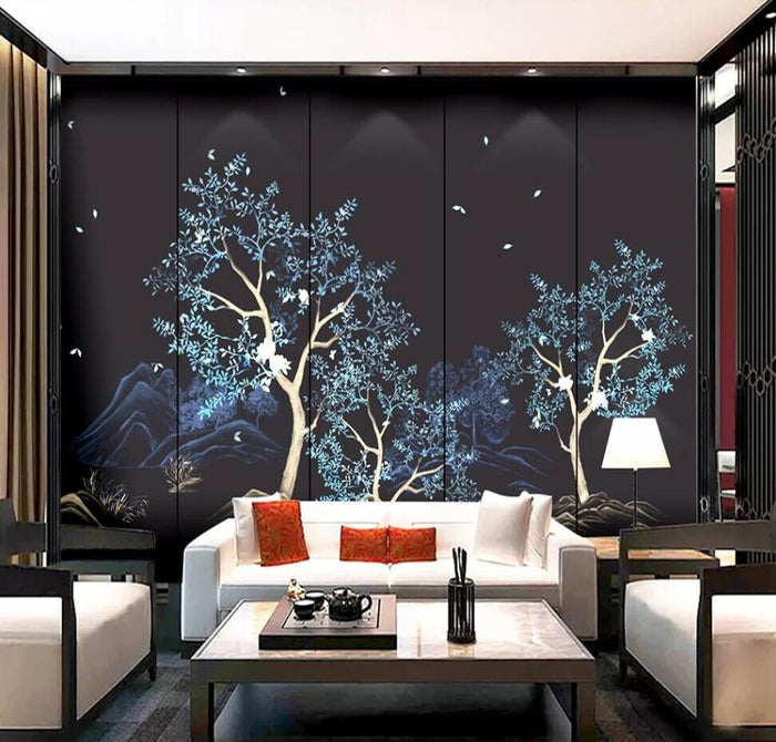Twilight floral woodland mural wallpaper for a living room