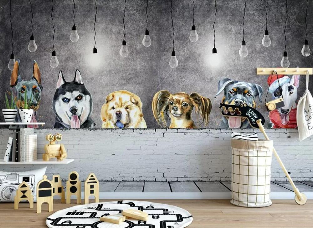 Doggy dreams puppies children's mural wallpaper – design detail