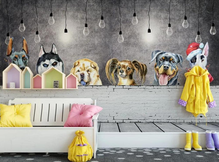 Doggy dreams children's mural wallpaper with puppies for a kids' room
