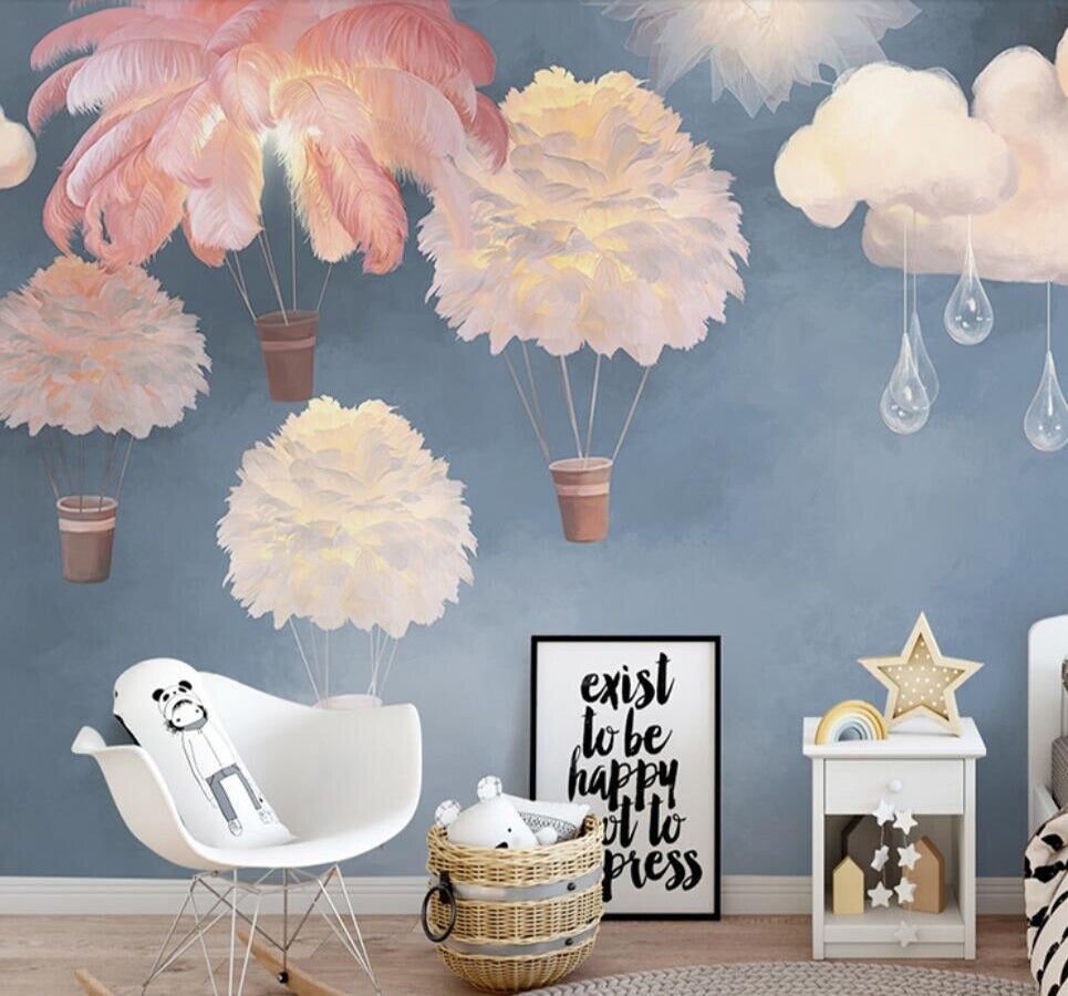Multicoloured feather hot air balloon nursery mural wallpaper – design detail