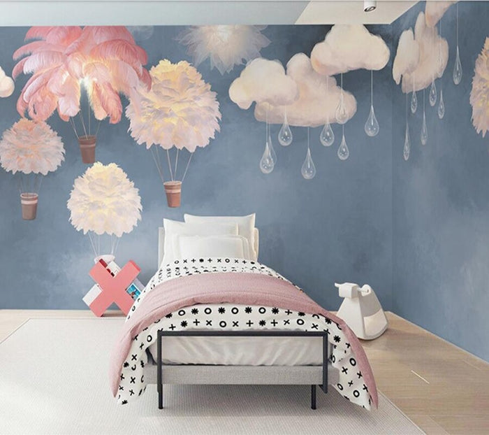 Multicoloured feather hot air balloon nursery mural wallpaper – design detail