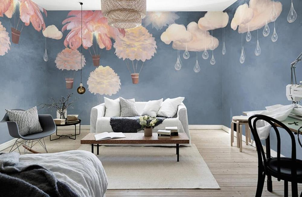 Multicoloured feather hot air balloon nursery mural wallpaper – design detail