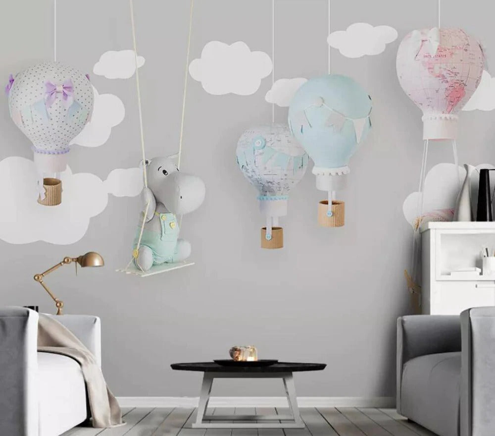 Grey and white clouds hot air balloon nursery mural wallpaper – design detail