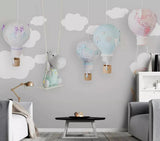 Grey and white clouds hot air balloon nursery mural wallpaper – design detail