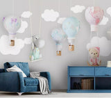 Grey and white clouds hot air balloon nursery mural wallpaper – design detail