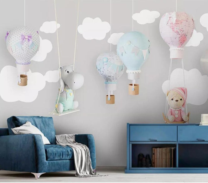 Grey and white clouds hot air balloon nursery mural wallpaper – design detail