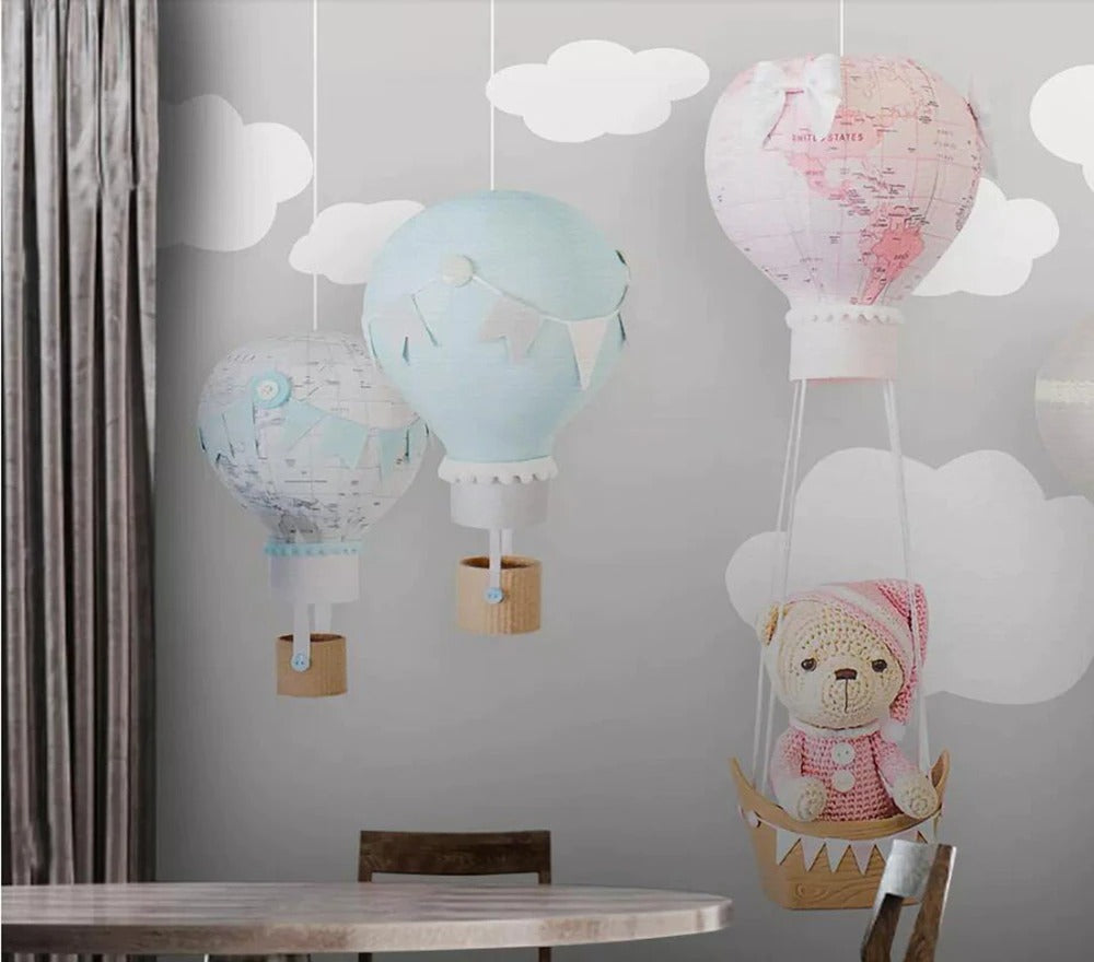 Grey and white clouds hot air balloon nursery mural wallpaper – design detail