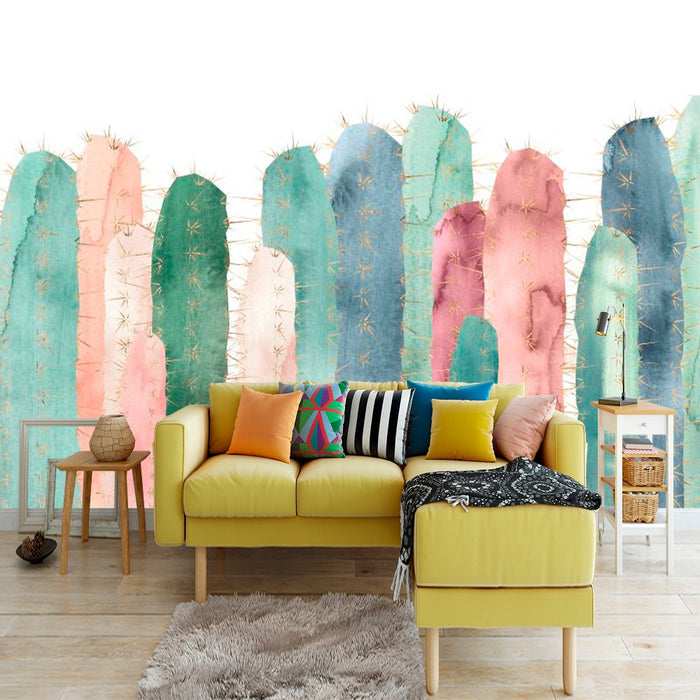 Urban colourful cactus mural wallpaper for a bedroom