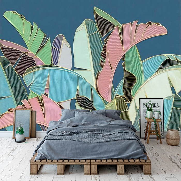 Nordic navy tropical leaves mural wallpaper for a bedroom