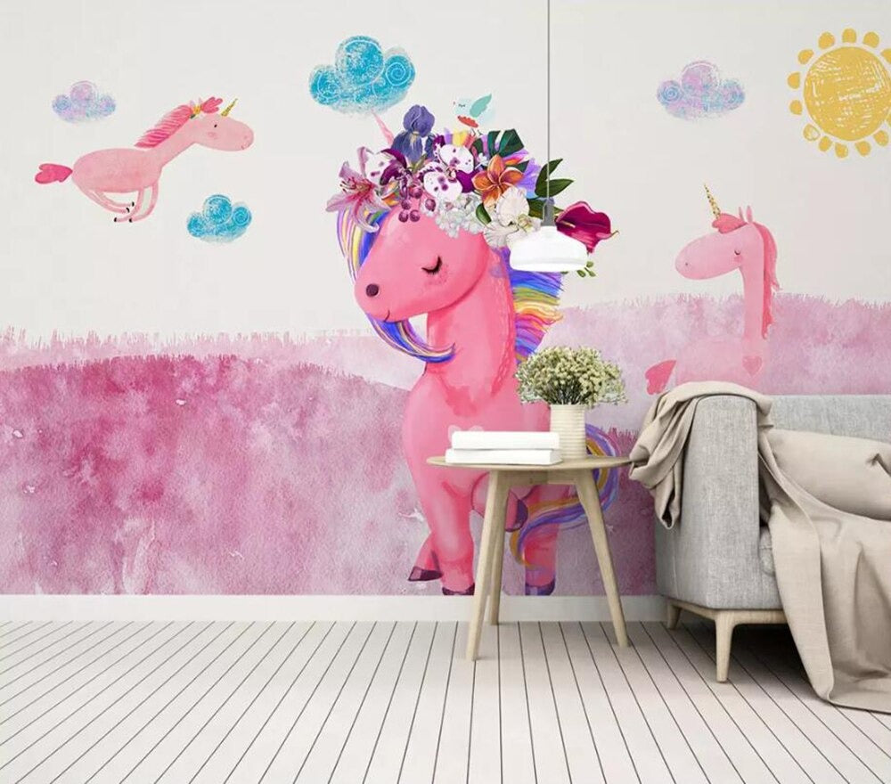 Girls pink floral unicorn mural wallpaper – design detail