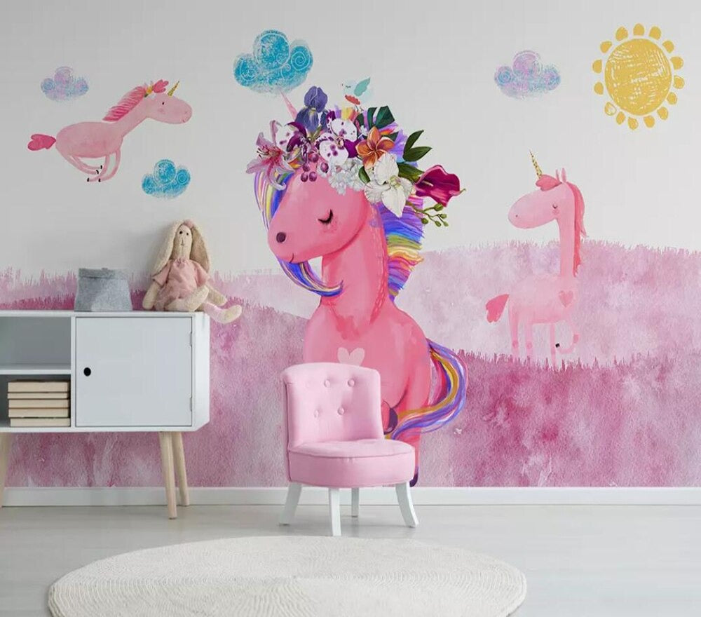Girls pink floral unicorn mural wallpaper – design detail