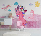 Girls pink floral unicorn mural wallpaper – design detail