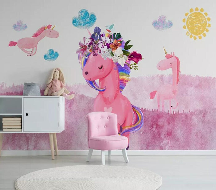 Girls pink floral unicorn mural wallpaper – design detail