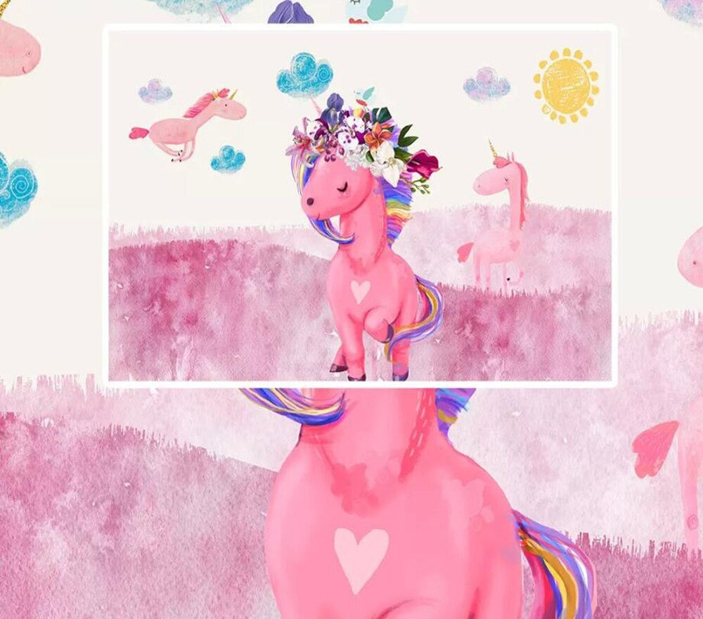 Girls pink floral unicorn mural wallpaper – design detail