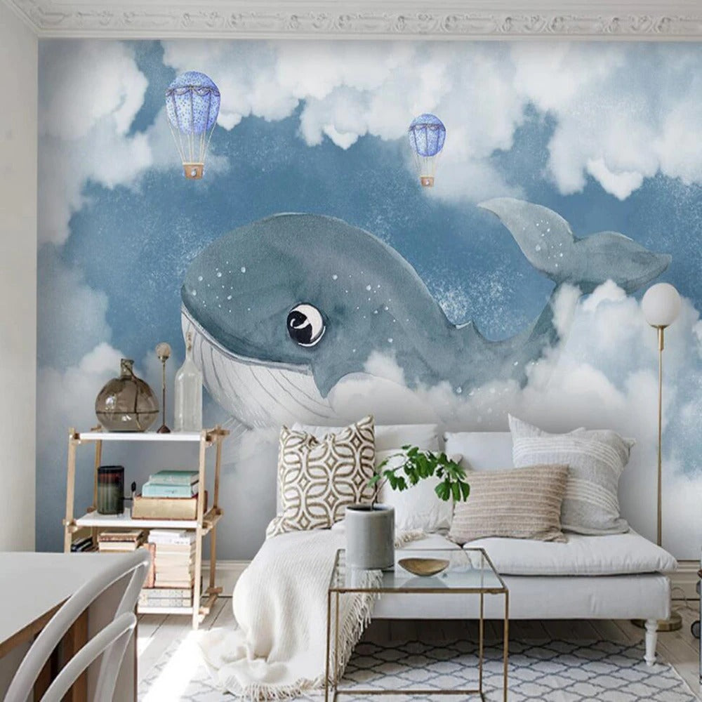 Blue whale in the clouds children's mural wallpaper – design detail