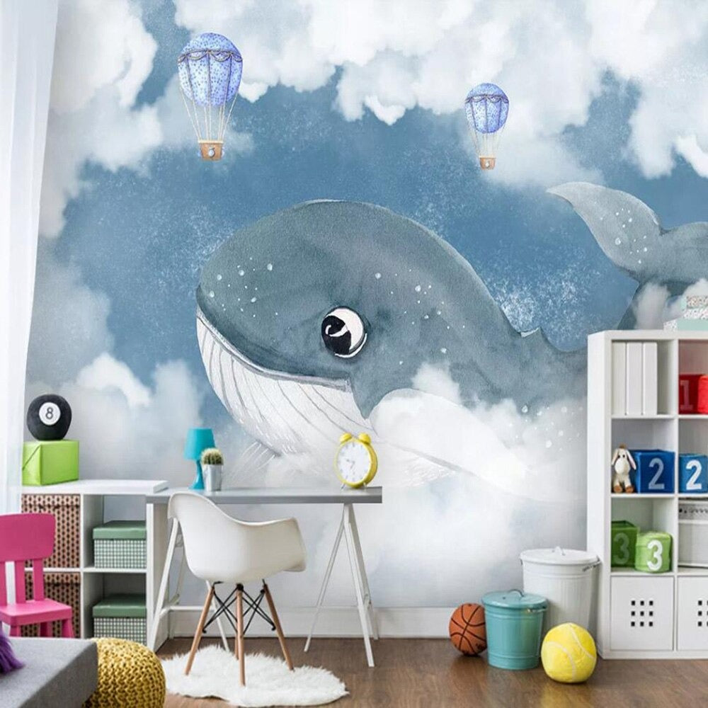 Blue whale in the clouds children's mural wallpaper – design detail