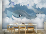 Blue whale in the clouds children's mural wallpaper for a kids' room