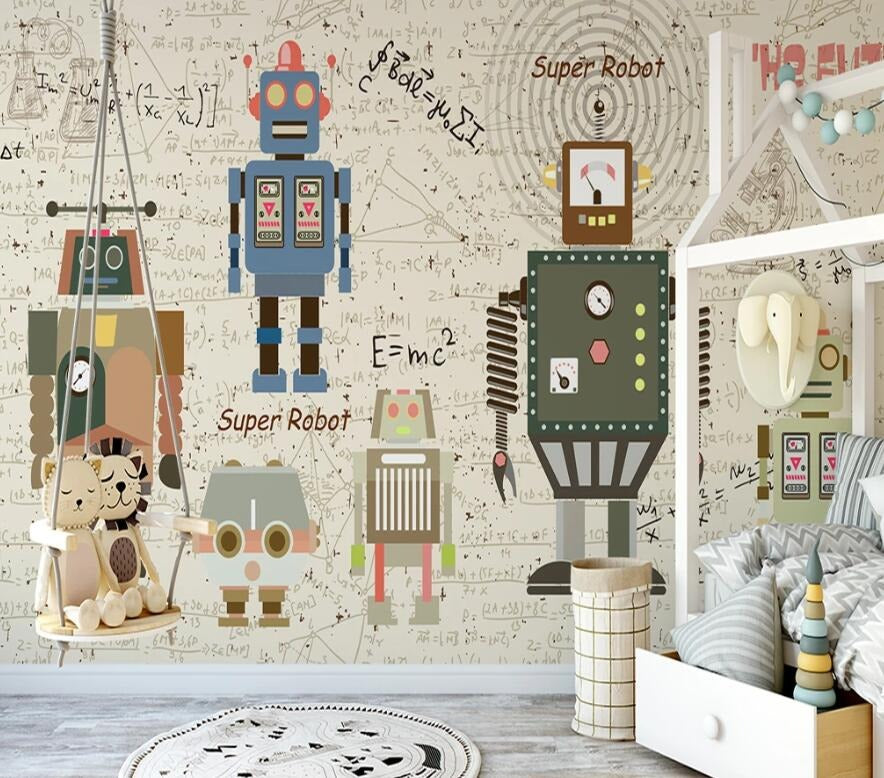Robot educational maths mural wallpaper for a kids' room