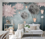 Pink and grey feathered hot air balloons mural wallpaper