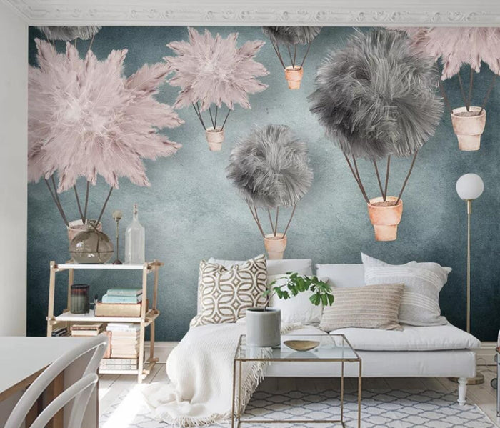 Pink and grey feathered hot air balloons mural wallpaper