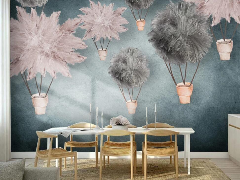 Pink and grey feathered hot air balloons mural wallpaper – design detail