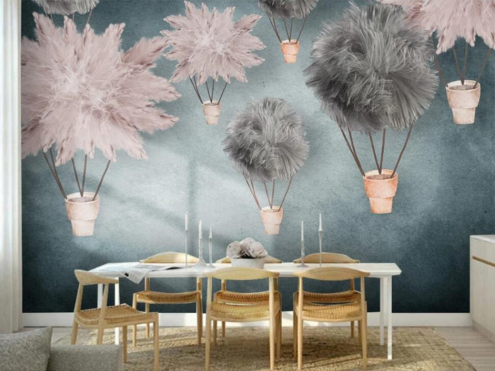 Pink and grey feathered hot air balloons mural wallpaper – design detail