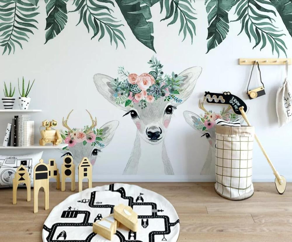 Floral forest deer children's mural wallpaper – design detail