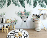 Floral forest deer children's mural wallpaper – design detail