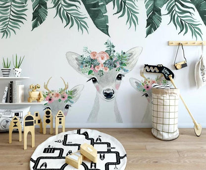 Floral Forest Deer Children's Mural Wallpaper