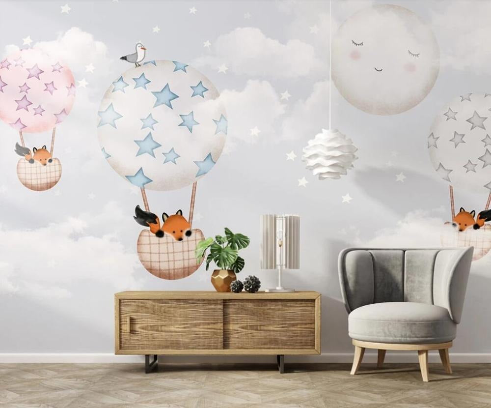 Foxes and hot air balloons children's mural wallpaper – design detail