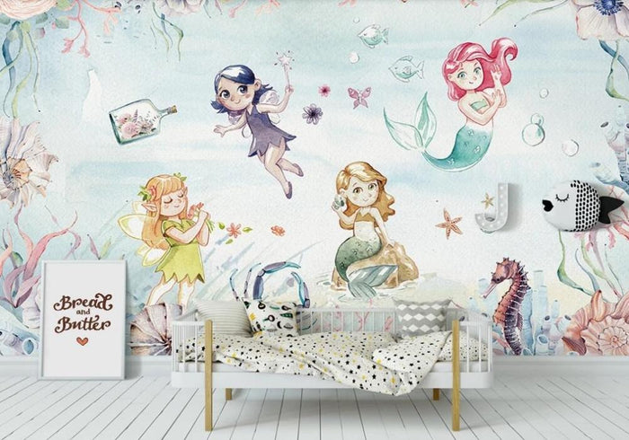 Girls mermaid seaworld mural wallpaper for a kids' room